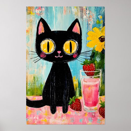 Schwarze Katze trinkt Erdbeersaft Poster (Vorne)