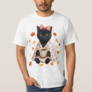 Schwarze Katze trinkt Kaffee Kirschblüten-Decke T-Shirt