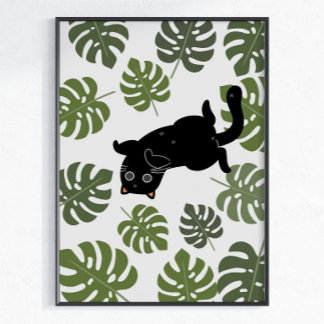 Schwarze Katze Tropische Blätter Pflanzenliebhaber Poster