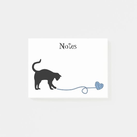 Schwarze Katze u. Herz-geformtes Garn (blau) Post-it Klebezettel (Vorderseite)