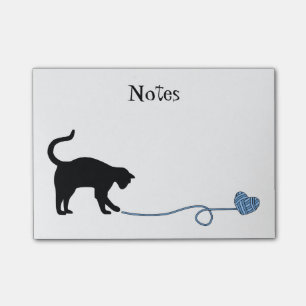 Schwarze Katze u. Herz-geformtes Garn (blau) Post-it Klebezettel