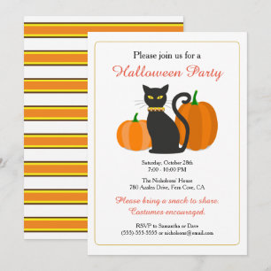 Schwarze Katze u. Kürbis-Halloween-Party Einladung