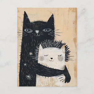Schwarze Katze umarmt einen Igel Postkarte