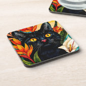 Schwarze Katze umgeben von Blumen Getränkeuntersetzer (Linke Seite)