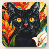 Schwarze Katze umgeben von Blumen Getränkeuntersetzer (Vorderseite)