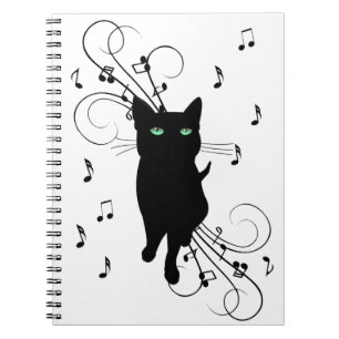 Schwarze Katze umgeben von flüsternden Noten der M Notizblock