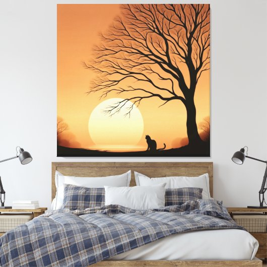 Schwarze Katze und Bäume Silhouette im Set der Son Leinwanddruck (Insitu (Schlafzimmer))