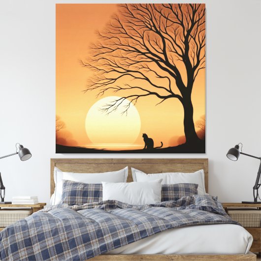Schwarze Katze und Bäume Silhouette im Set der Son Leinwanddruck (Insitu (Schlafzimmer))