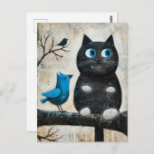 Schwarze Katze und Blauer Vogel auf Zweig beängsti Postkarte (Vorne/Hinten)