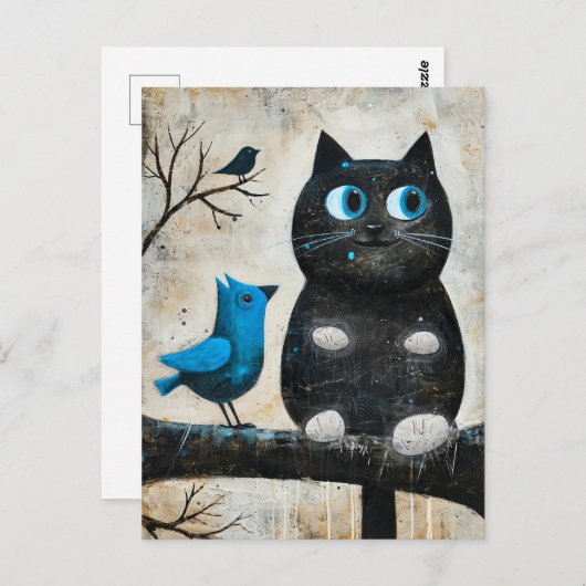 Schwarze Katze und Blauer Vogel auf Zweig beängsti Postkarte (Vorne/Hinten)