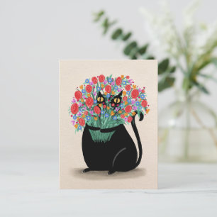 Schwarze Katze und Blume Postkarte