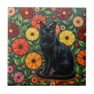 Schwarze Katze und bunte Volkskunstblumen Fliese