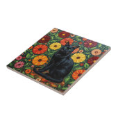 Schwarze Katze und bunte Volkskunstblumen Fliese (Seite)
