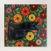 Schwarze Katze und bunte Volkskunstblumen Puzzle (Horizontal)