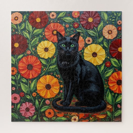 Schwarze Katze und bunte Volkskunstblumen Puzzle (Vertikal)