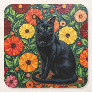 Schwarze Katze und bunte Volkskunstblumen Rechteckiger Pappuntersetzer