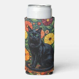Schwarze Katze und bunte Volkskunstblumen Selters Dosenkühler