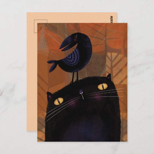 Schwarze Katze und Crow Postkarte (Vorne/Hinten)