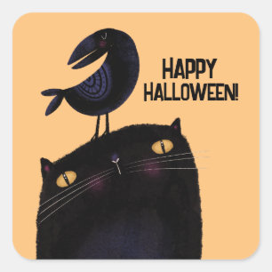 Schwarze Katze und Crow Quadratischer Aufkleber