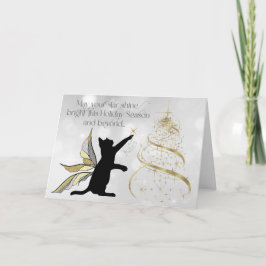 Schwarze Katze und dekorativer Goldbaum Feiertagskarte