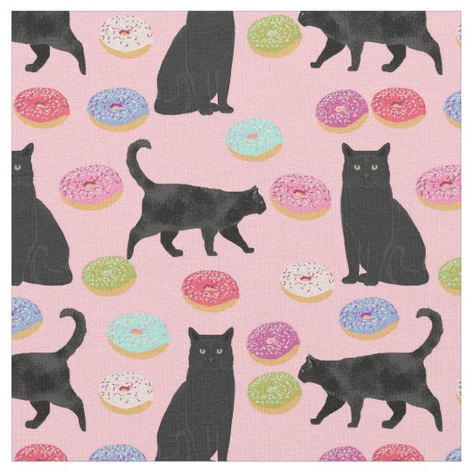 Schwarze Katze und Donuts rosa Muster Stoff (Nahaufnahme)
