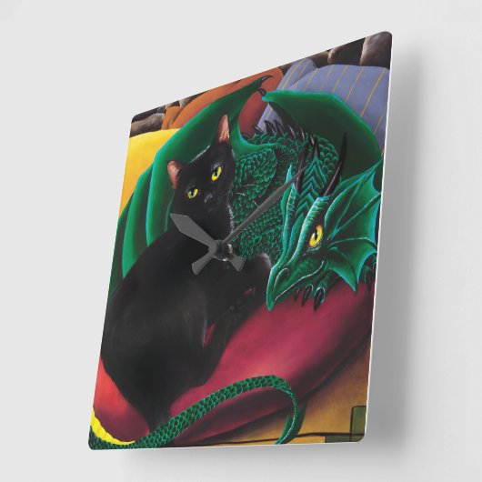 Schwarze Katze und Drache Quadratische Wanduhr (Winkel)