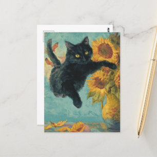 Schwarze Katze und eine Vase der Sonnenblumen Postkarte