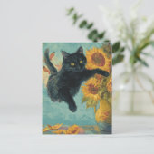Schwarze Katze und eine Vase der Sonnenblumen Postkarte (Stehend Vorderseite)