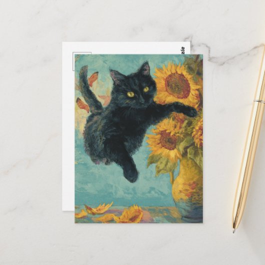 Schwarze Katze und eine Vase der Sonnenblumen Postkarte (Vorderseite/Rückseite Beispiel)