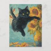 Schwarze Katze und eine Vase der Sonnenblumen Postkarte (Vorderseite)
