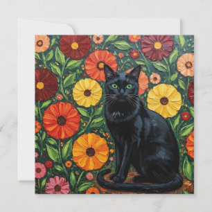 Schwarze Katze und farbenfrohe Blume der Folk