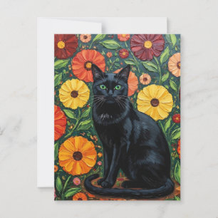 Schwarze Katze und farbenfrohe Blume der Folk Postkarte