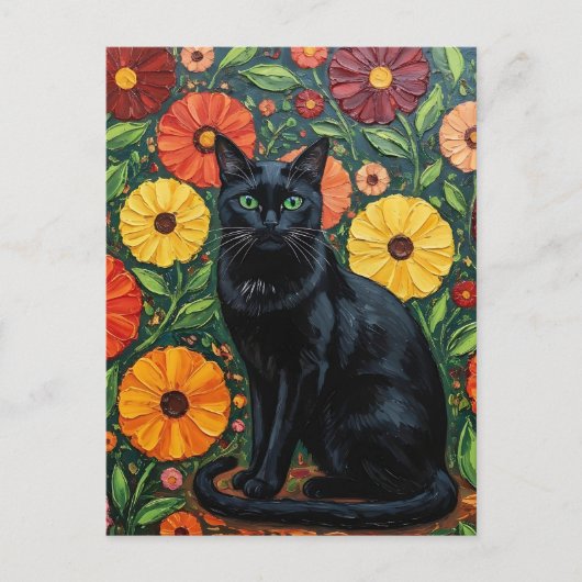Schwarze Katze und farbenfrohe Blume der Folk Postkarte (Vorderseite)