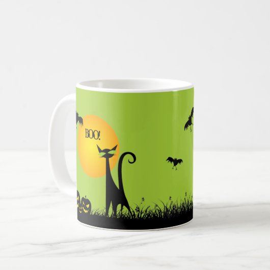 Schwarze Katze und Fledermäuse Halloween Kaffeetasse (Vorderseite Links)