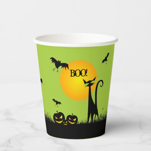 Schwarze Katze und Fledermäuse Halloween Pappbecher (Rückseite)