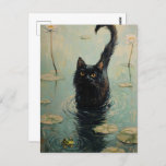 Schwarze Katze und Frosch im Lily Pond Postkarte<br><div class="desc">Mit dieser wunderschön gestalteten Postkarte, die eine schwarze Katze und einen neugierigen Frosch inmitten von ruhigen Seelilien beherbergt, erleben Sie den Charme der Natur und der wilden Tiere. Inspiriert durch den impressionistischen Stil von Claude Monet, verbindet dieses Kunstwerk sanfte, malerische Striche mit magischer, traumhafter Qualität. Die ruhige Teichlandschaft, mit klarem...</div>