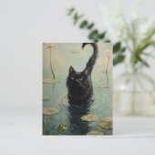 Schwarze Katze und Frosch im Lily Pond Postkarte (Stehend Vorderseite)