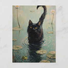 Schwarze Katze und Frosch im Lily Pond Postkarte