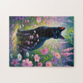 Schwarze Katze und Frühlingsohlen Wildblumen Ölgem Puzzle (Horizontal)