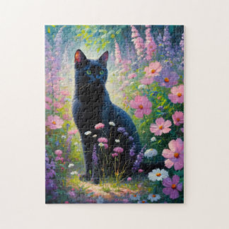 Schwarze Katze und Frühlingsohlen Wildblumen Ölgem Puzzle