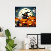 Schwarze Katze und Geist in einem Pumpkinpflaster Poster (Heimbüro)