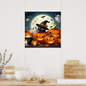 Schwarze Katze und Geist in einem Pumpkinpflaster Poster (Küche)