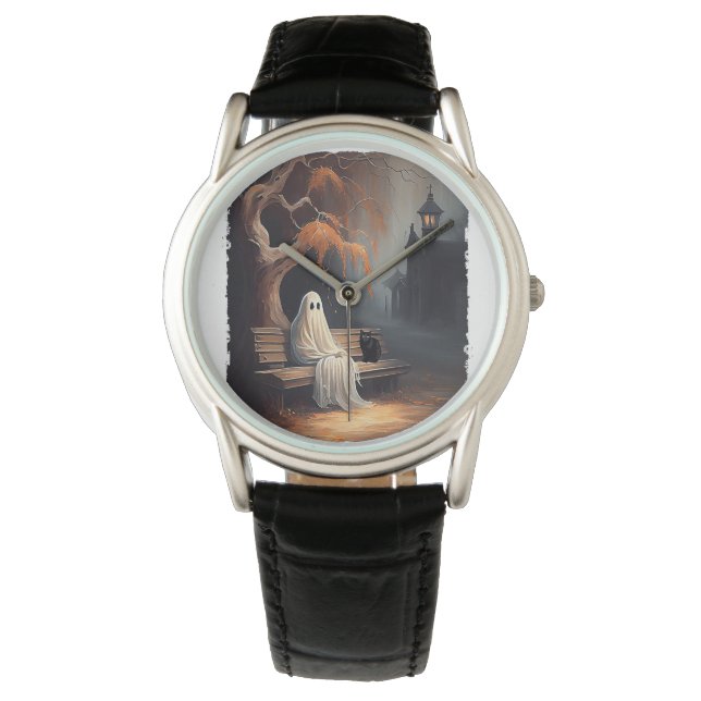 Schwarze Katze und Geist sitzen auf Bank Halloween Armbanduhr (Vorderseite)