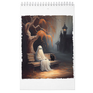 Schwarze Katze und Geist sitzen auf Bank Halloween Kalender