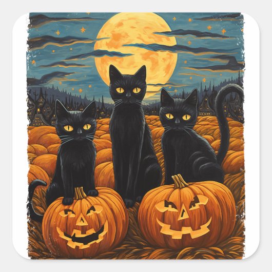 Schwarze Katze und Geist sitzen auf Bank Halloween Quadratischer Aufkleber (Vorderseite)