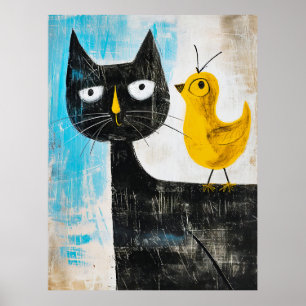 Schwarze Katze und gelber Vogel – Whimsical Modern Poster