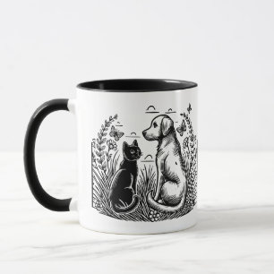 Schwarze Katze und Golden Retriever Silhouette Tasse