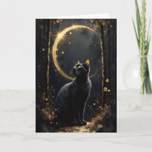 Schwarze Katze und goldener Mond Feiertagskarte