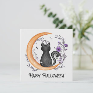 Schwarze Katze und Halbmond zu glücklichen Hallowe