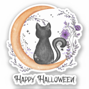 Schwarze Katze und Halbmond zu glücklichen Hallowe Aufkleber